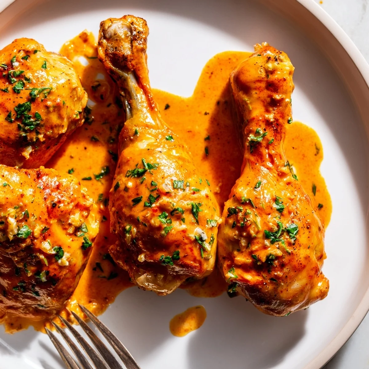 Juicy chicken drumsticks coated in a smoky paprika cream sauce steaming on a plate