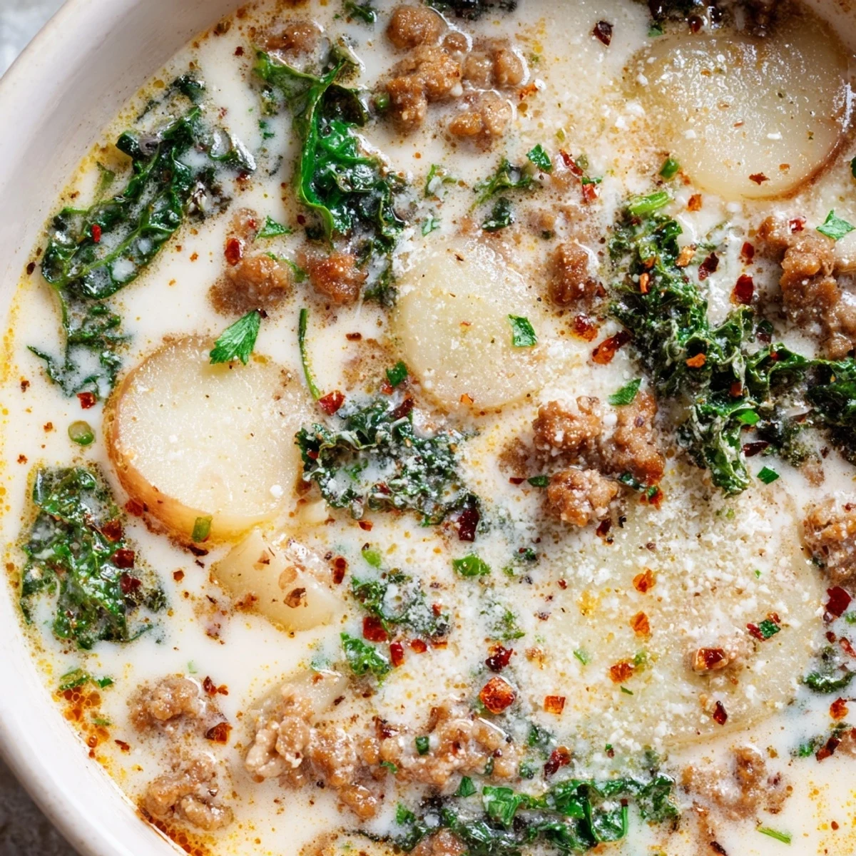 Creamy Zuppa Toscana soup with sausage, kale, and potatoes in rustic bowls.