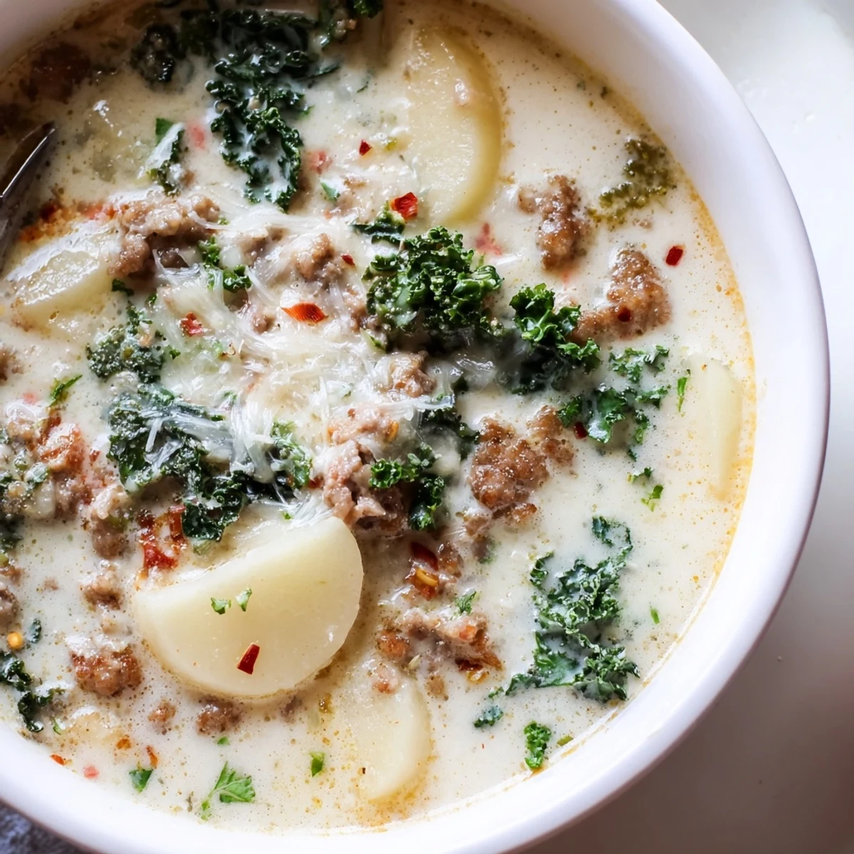 Steaming bowl of Zuppa Toscana soup topped with grated Parmesan and parsley.