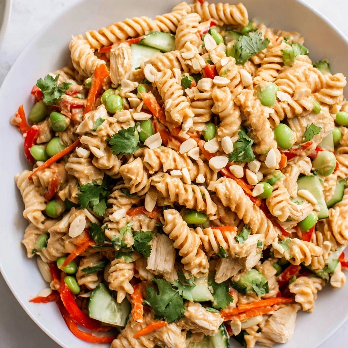 A close-up of Protein Packed Thai Pasta Salad garnished with crushed peanuts and lime wedges