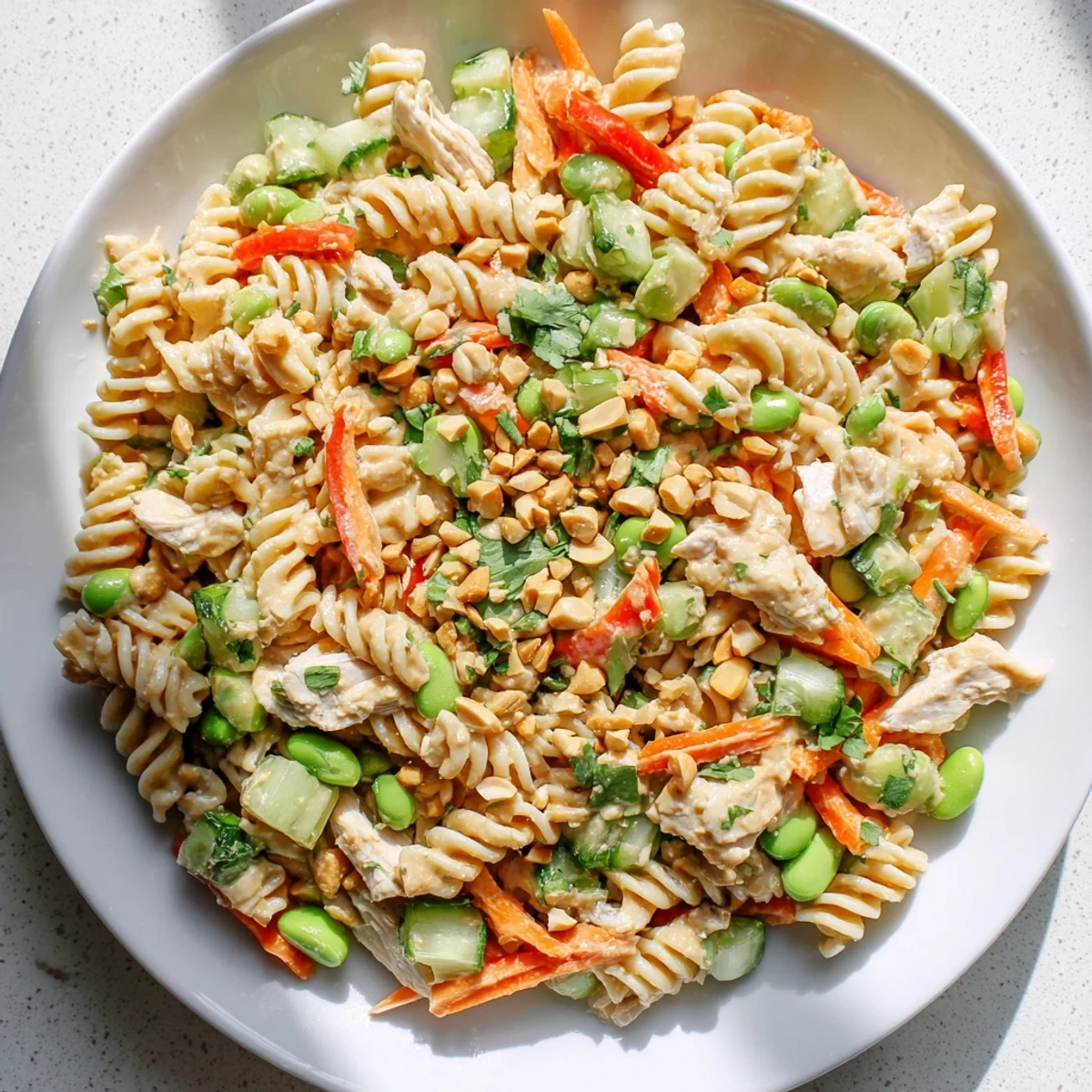 Colorful Protein Packed Thai Pasta Salad tossed in creamy peanut dressing with crisp vegetables