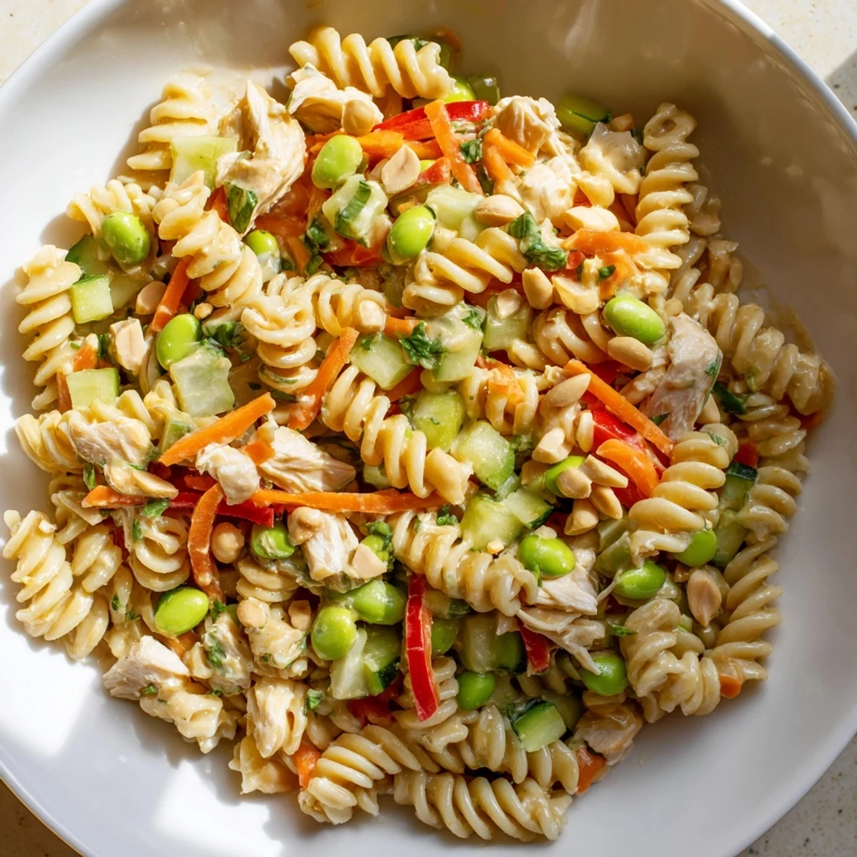Steaming bowl of Protein Packed Thai Pasta Salad featuring tender chicken edamame and vibrant bell peppers