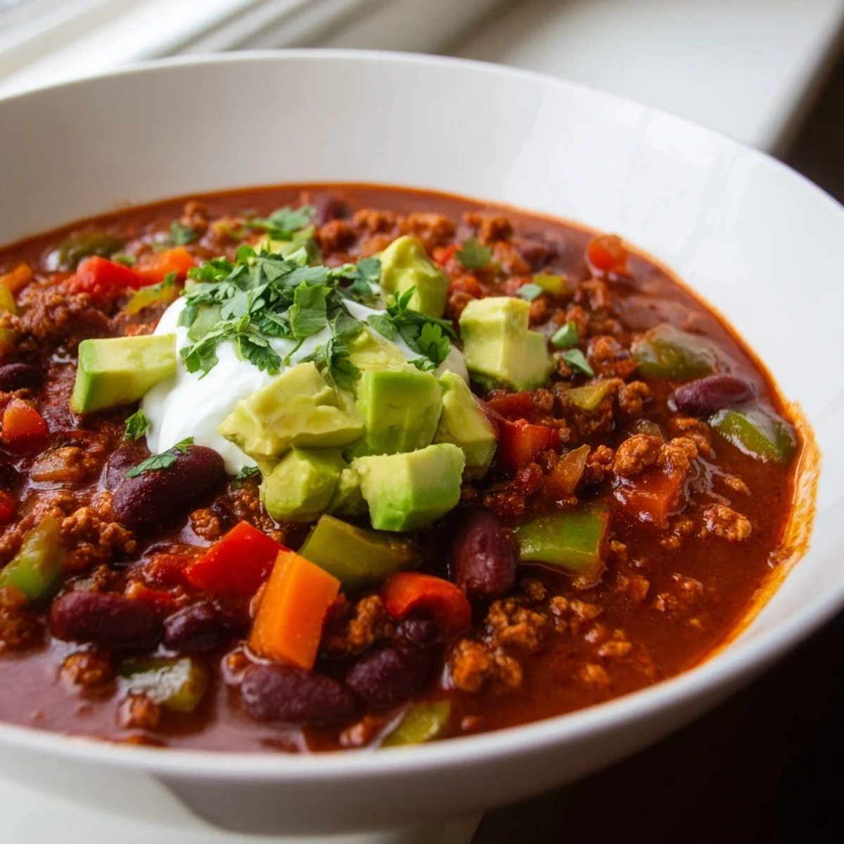 Steaming bowl of diabetic chili recipe topped with fresh avocado and cilantro