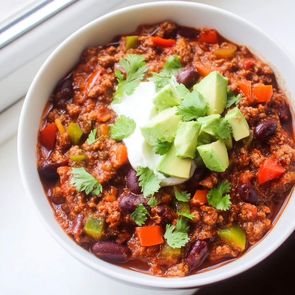 Rich simmering diabetic chili recipe served in a rustic Dutch oven with peppers