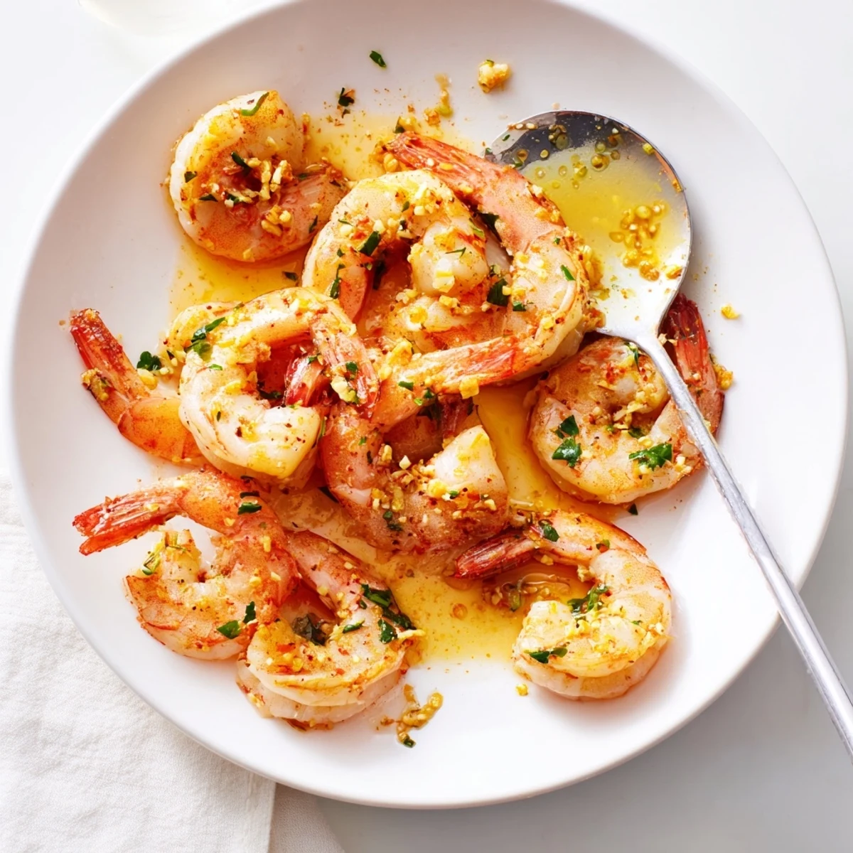 Sizzling skillet of buttered shrimp coated in a rich lemon garlic butter sauce