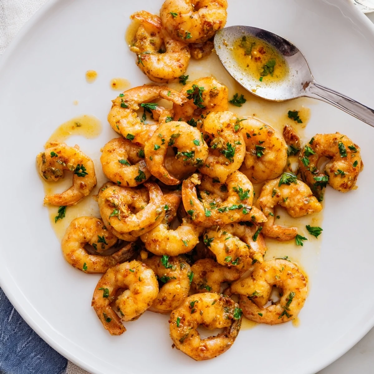 Plump pink buttered shrimp drizzled with glossy garlic butter and bright lemon wedges