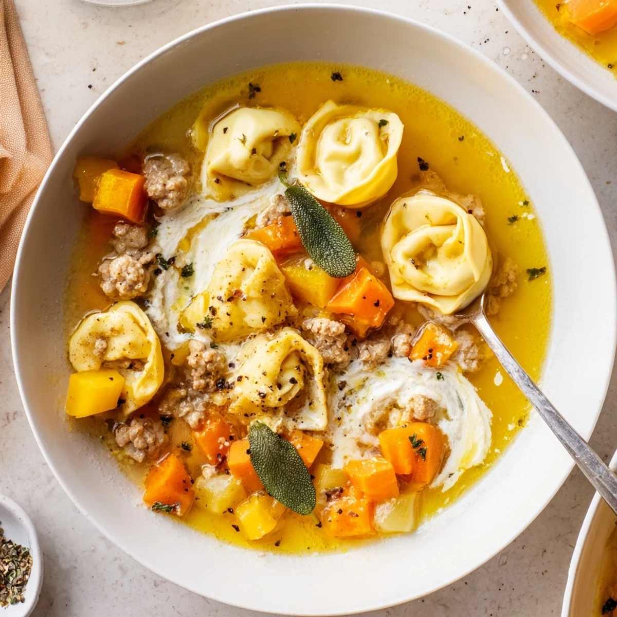Creamy bowl of butternut squash sausage tortellini soup drizzled with golden sage cheese