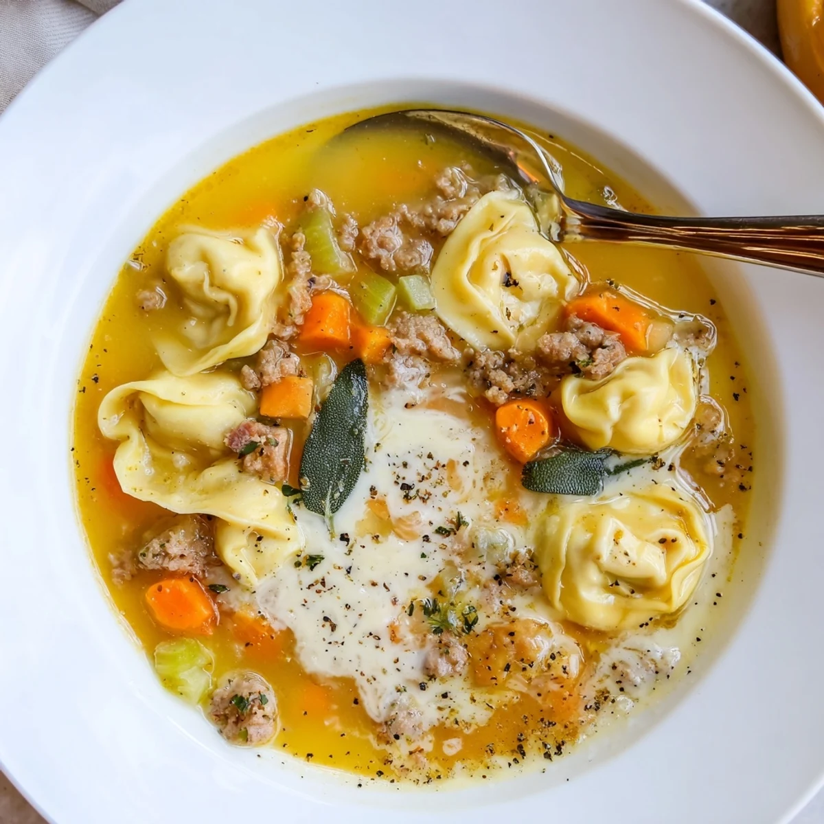 Steaming butternut squash sausage tortellini soup topped with crispy fried sage leaves