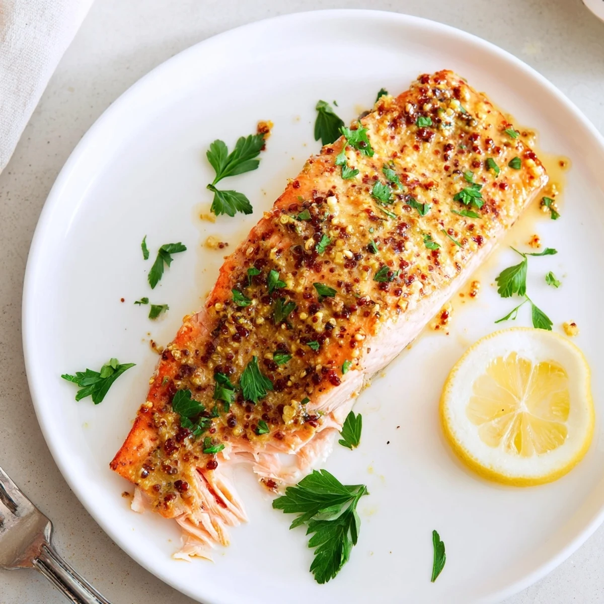 Golden baked honey mustard salmon fillet glistening with a sweet tangy glaze on parchment paper