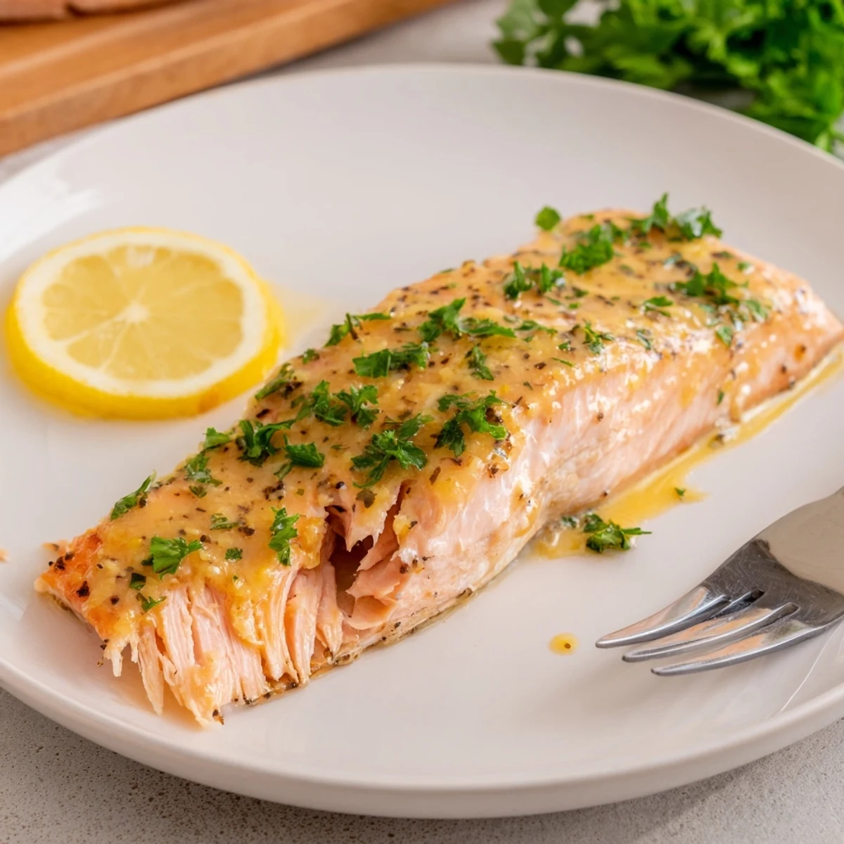 Tender baked honey mustard salmon topped with fresh parsley and bright lemon wedges