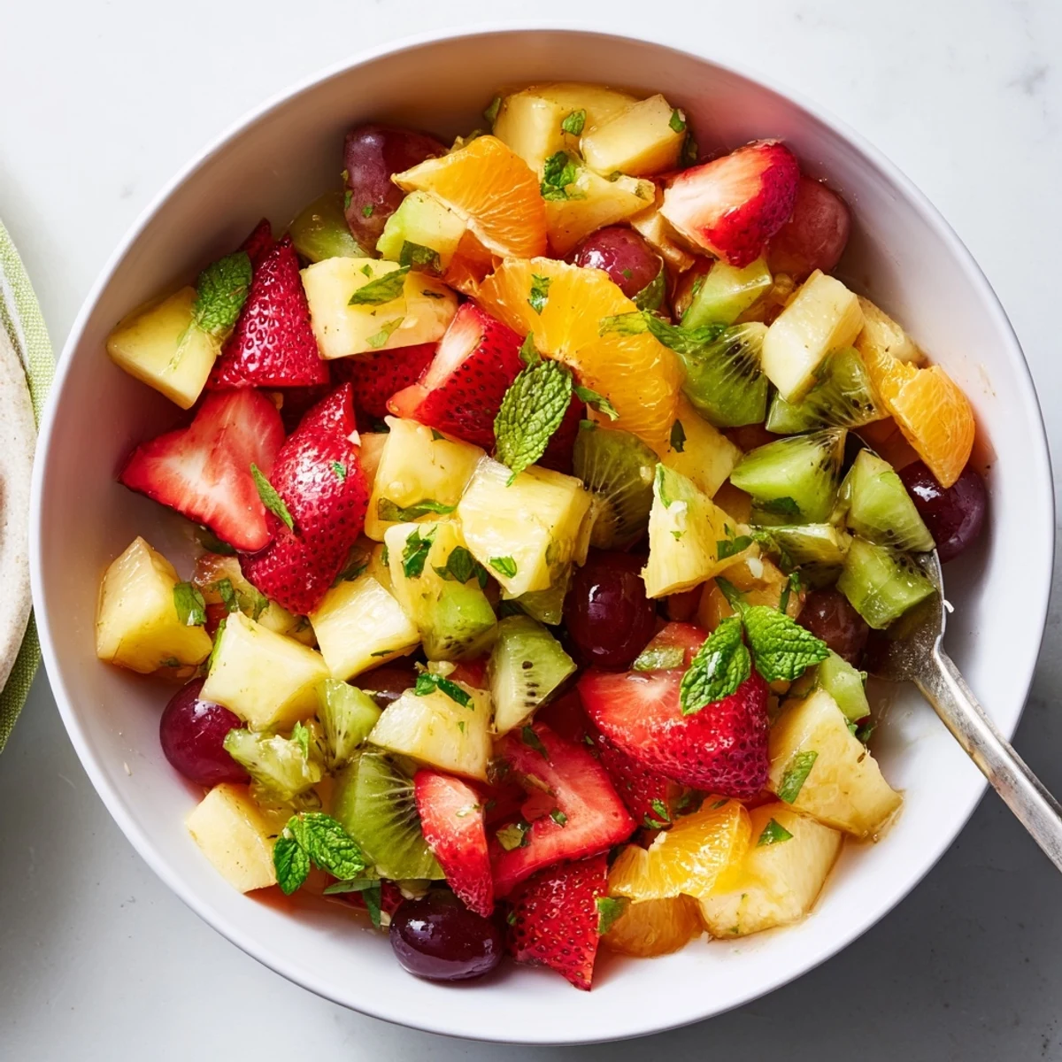 Colorful fruit bowl with strawberries, kiwi, pineapple, and grapes tossed in citrus dressing