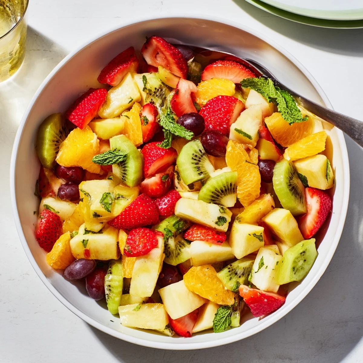 Vibrant fruit bowl featuring sliced strawberries, grapes, and kiwi drizzled with lime honey glaze