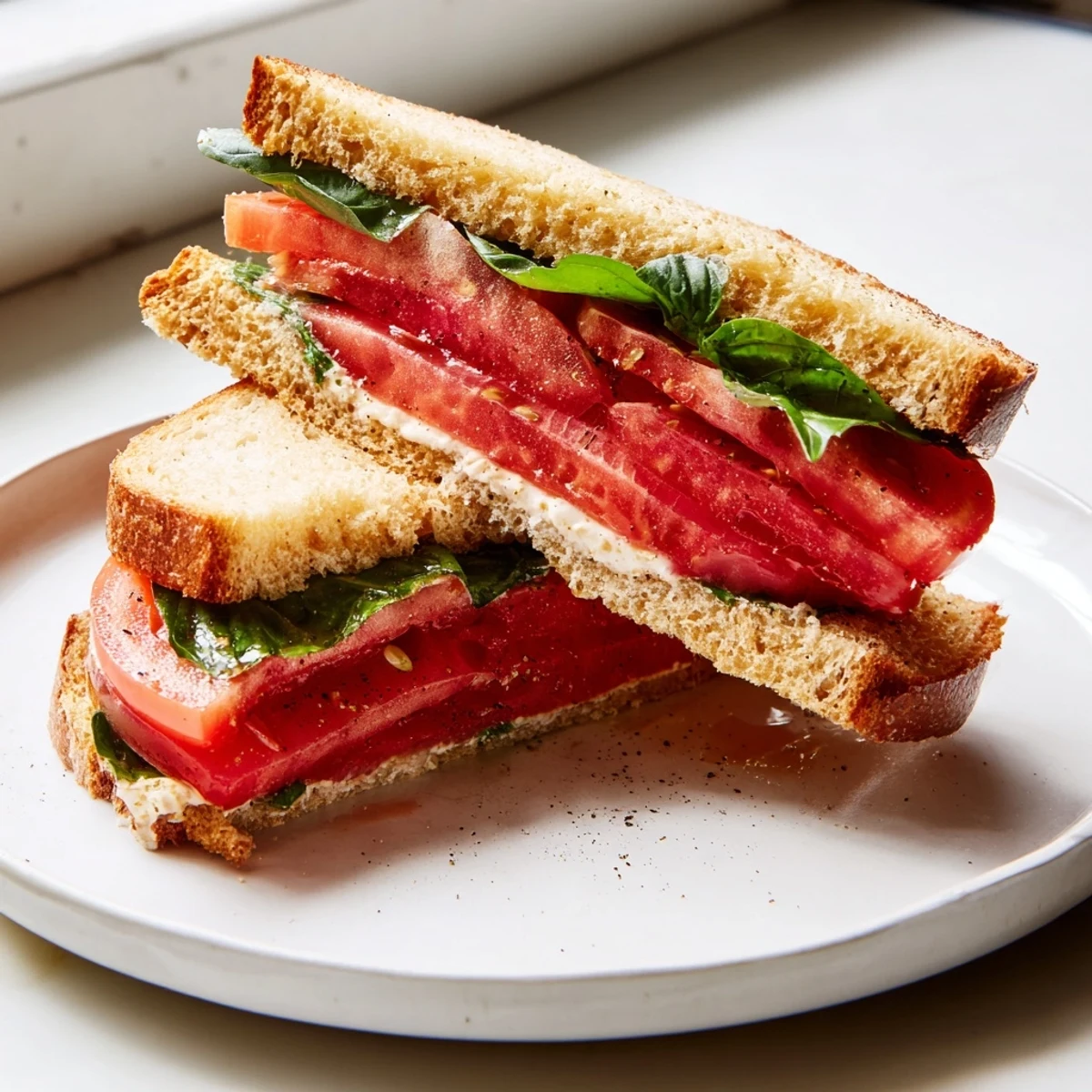 Juicy tomato sandwich on golden toasted bread with creamy mayo and basil
