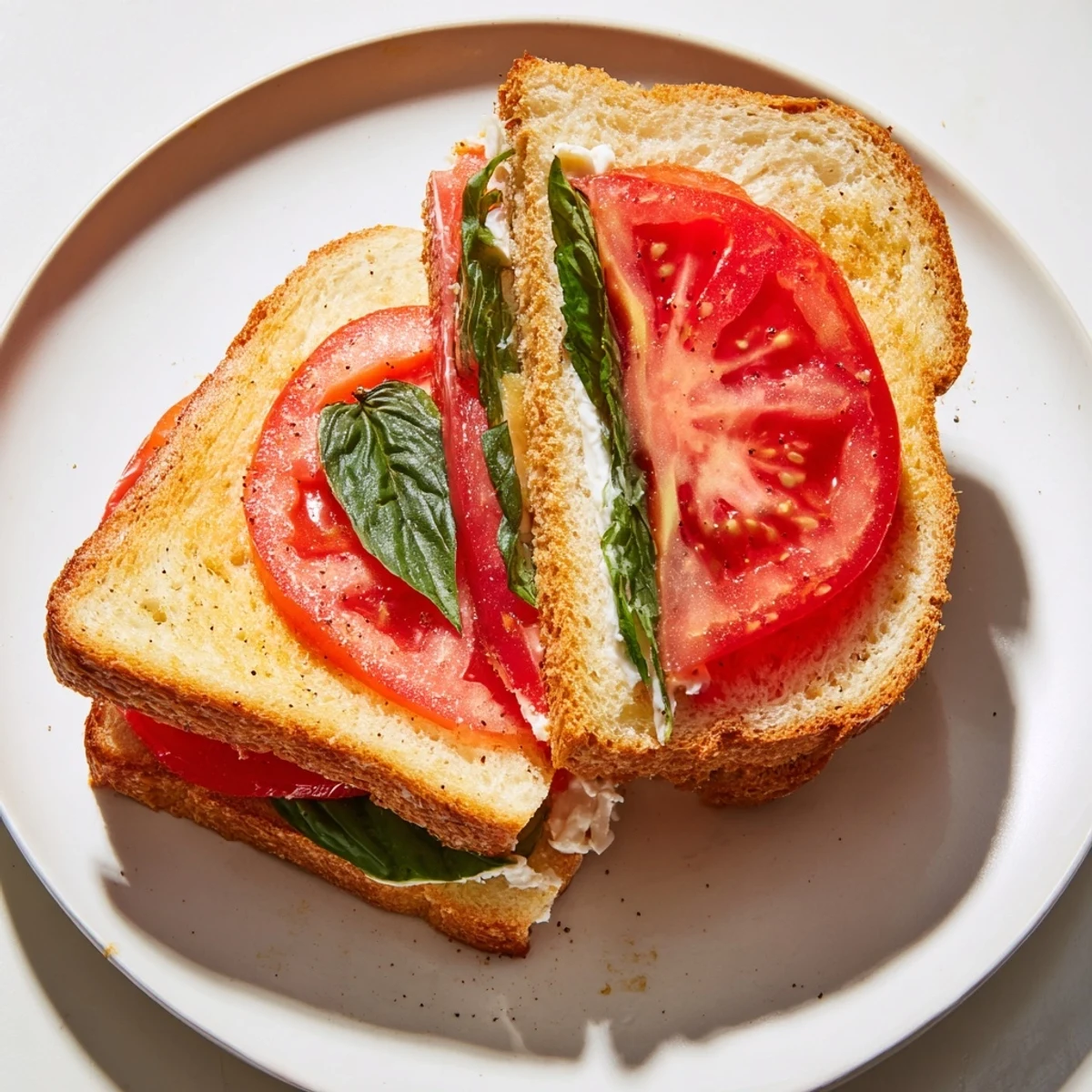 Ripe red tomato slices layered in a classic tomato sandwich with pepper
