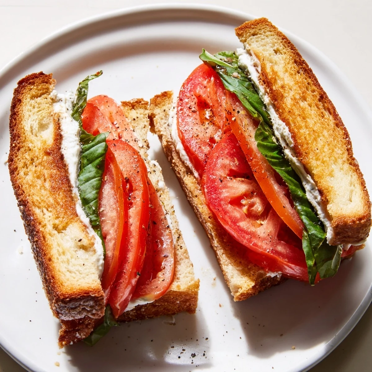 Creamy mayonnaise and fresh basil top this crispy tomato sandwich served halved