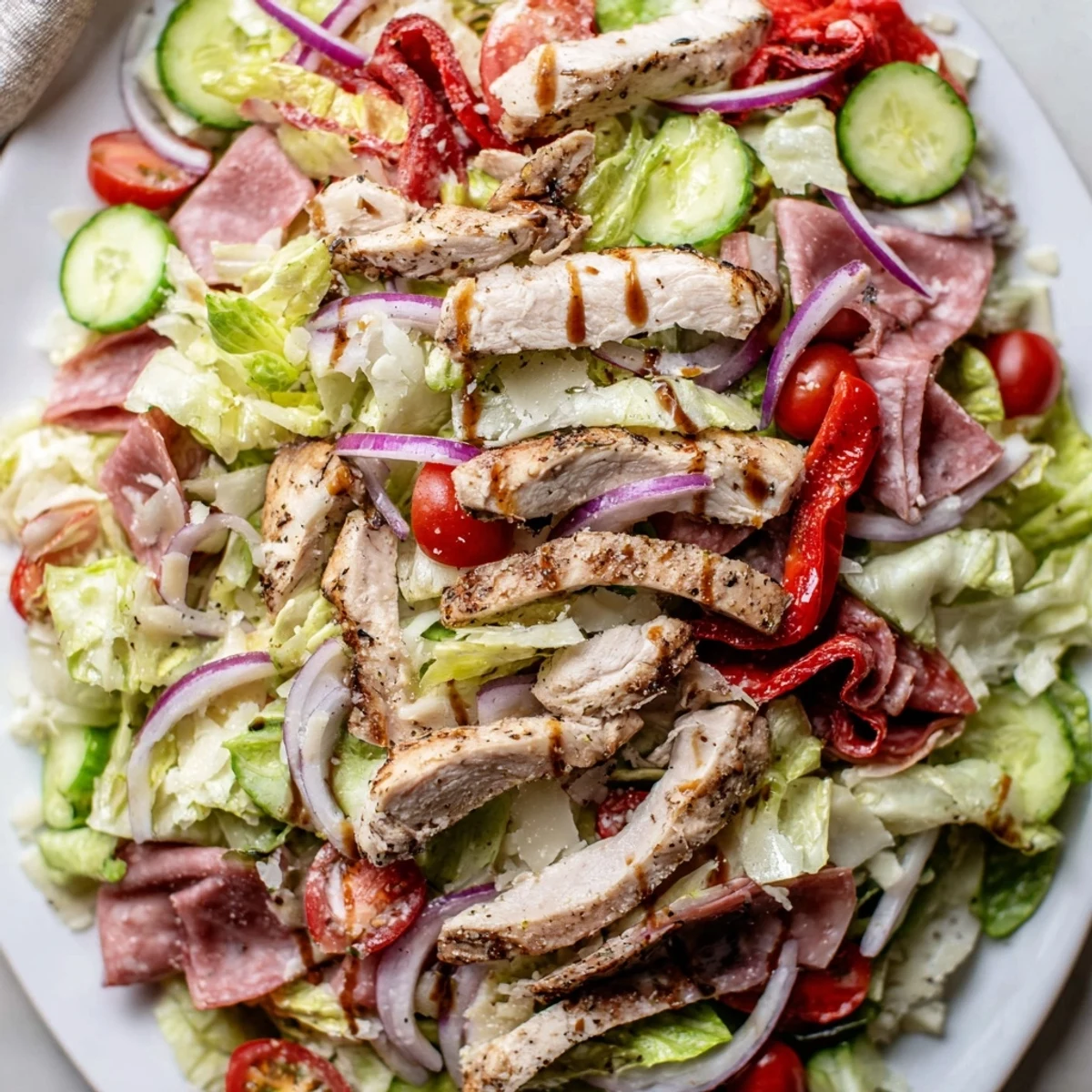 Hearty Italian Grinder Chicken Salad topped with provolone, pepperoncini, and zesty red wine dressing