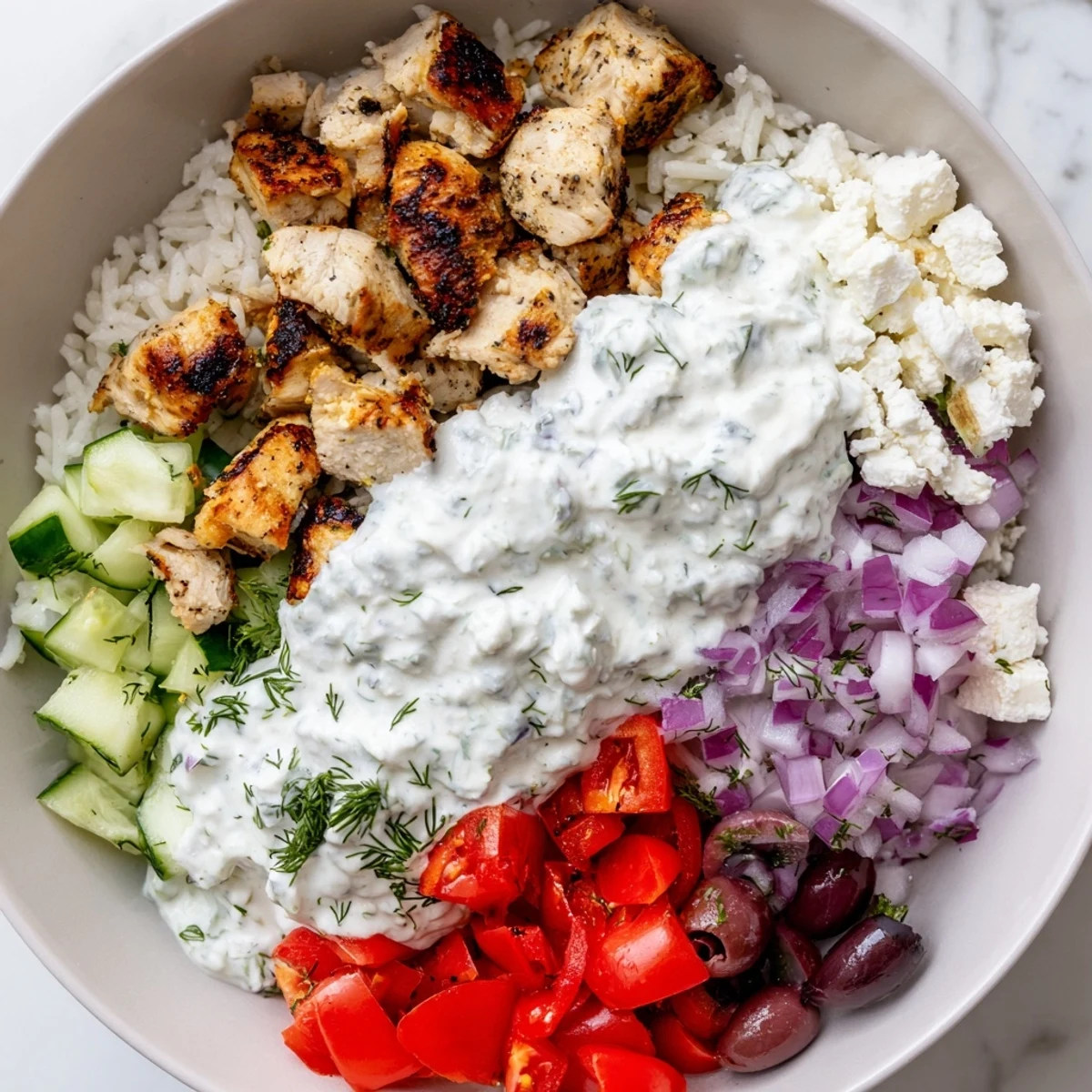 Juicy grilled Greek Chicken Bowls with colorful crisp veggies and cool tzatziki sauce