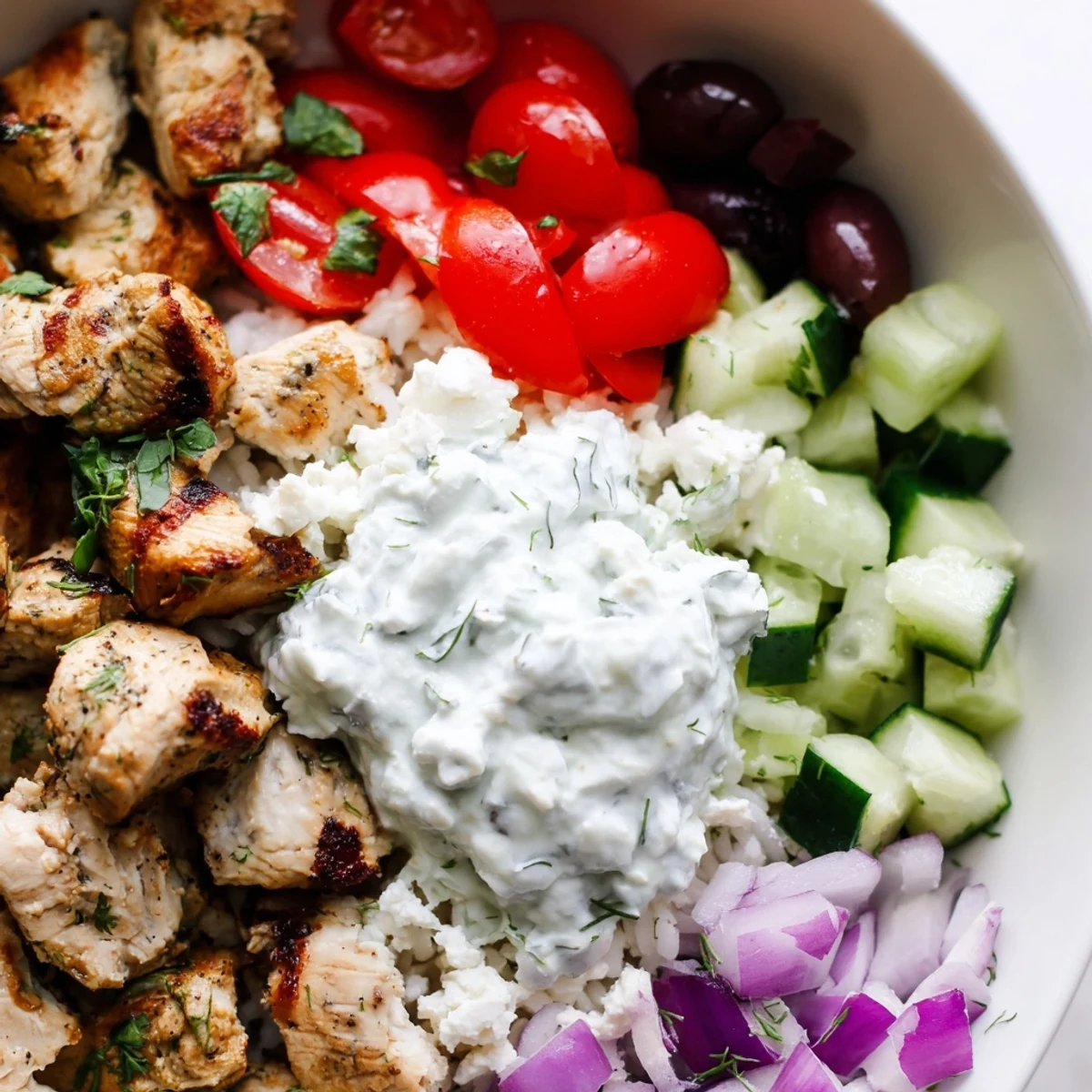 Tender herb-marbled Greek Chicken Bowls drizzled with creamy tzatziki on fluffy basmati