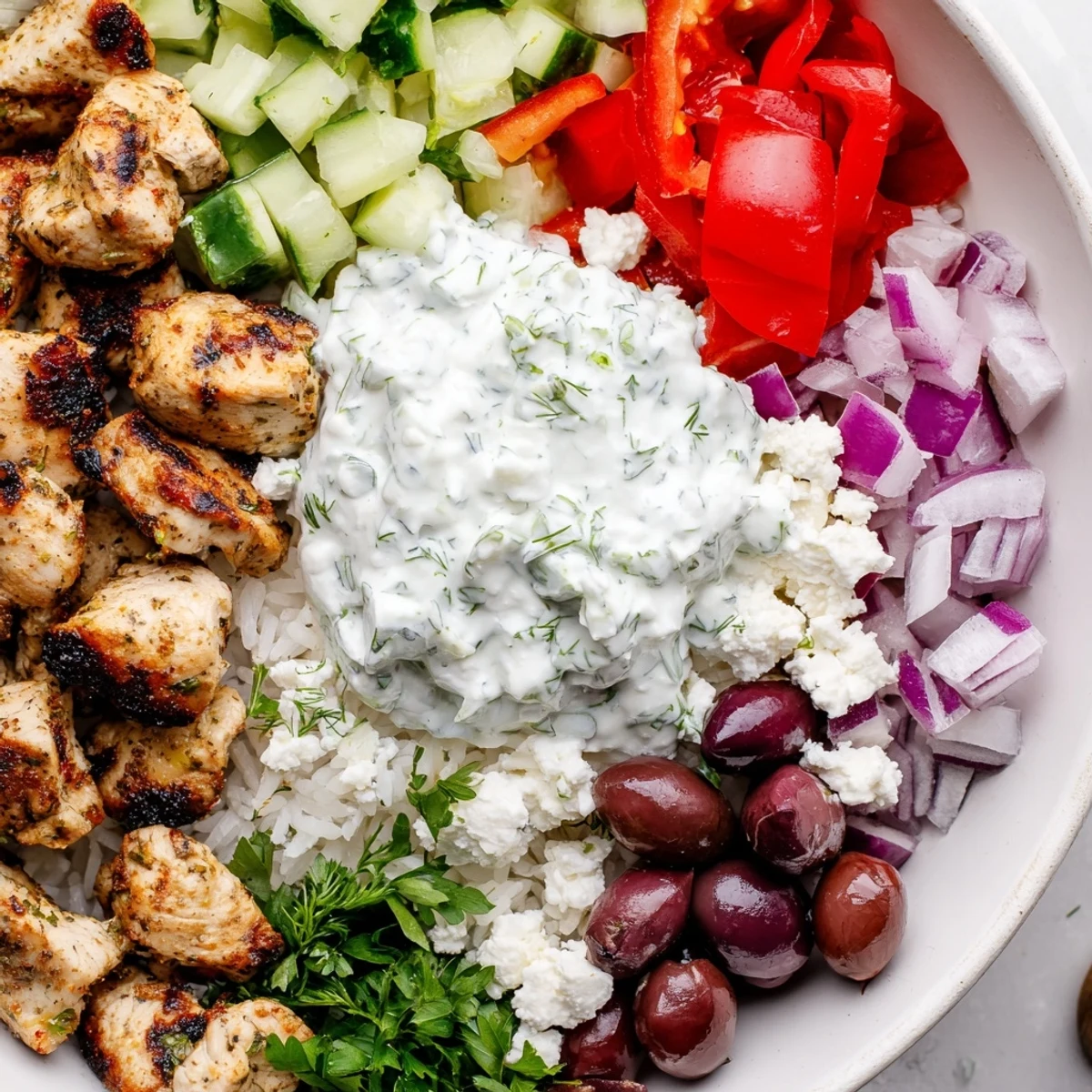Golden seared Greek Chicken Bowls loaded with fresh Mediterranean toppings over rice