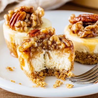 A dozen Mini Pecan Pie Cheesecakes chilled, creamy centers and crunchy pecan crowns