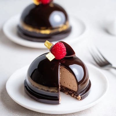Warm kitchen light on Elegant Chocolate Mascarpone Dome Dessert With Glossy Shells