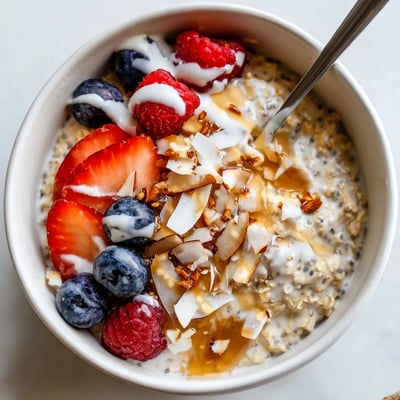 Creamy Healthy Coconut Cream Overnight Oats chilled in jars, drizzled with extra coconut