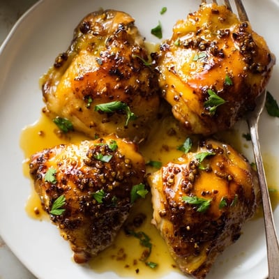 Roasted Maple Glazed Chicken Thighs with crispy skin and parsley garnish.