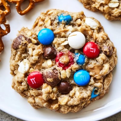 Fresh-baked Patriotic Monster Cookies Recipe cooling on rack, peanut butter aroma wafting
