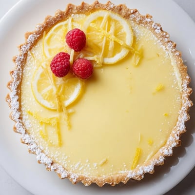 Slice of Creamy Lemon Tart Recipe on plate dusted with powdered sugar