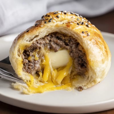 Handheld Cheesy Cheeseburger Bombs Explosion Recipe split open, oozing melted cheddar