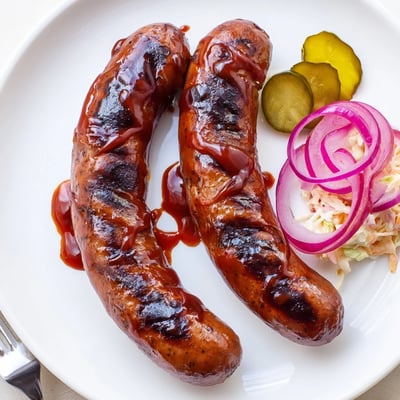Grilled BBQ Sausage Recipe served in toasted buns with pickles and coleslaw