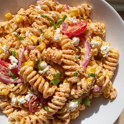 Charred corn and vibrant tomatoes tossed in a zesty elote pasta salad