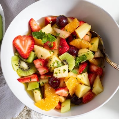 Fresh fruit bowl served in a white dish topped with chopped mint leaves